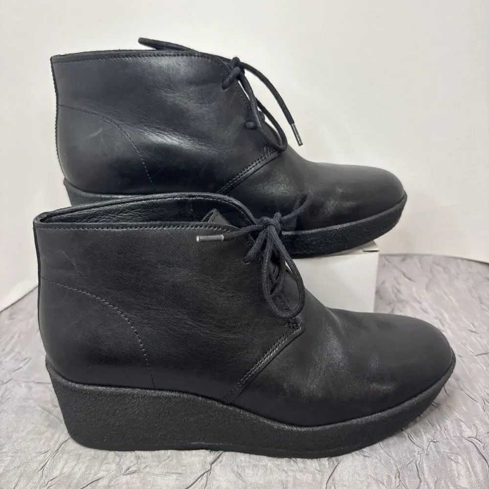 Clarks Women’s Athie Terra Black Lace Up Wedge Heel Platform‎ Boots Size 8.5